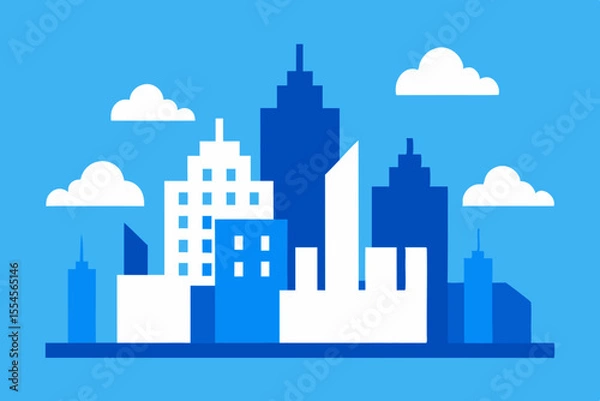 Fototapeta Modern minimalist cityscape with blue and white buildings under a bright blue sky with clouds