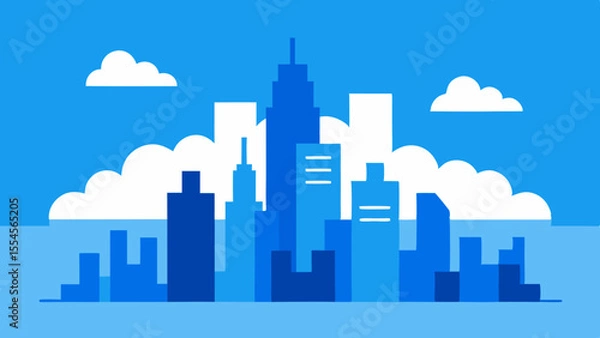 Fototapeta Modern flat design cityscape with blue skyscrapers and clouds