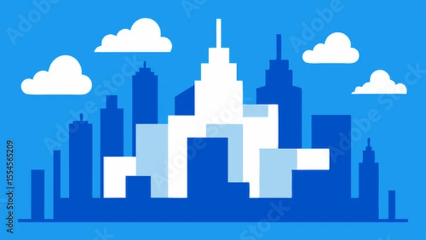 Fototapeta Modern minimalist city skyline with white and blue buildings and clouds