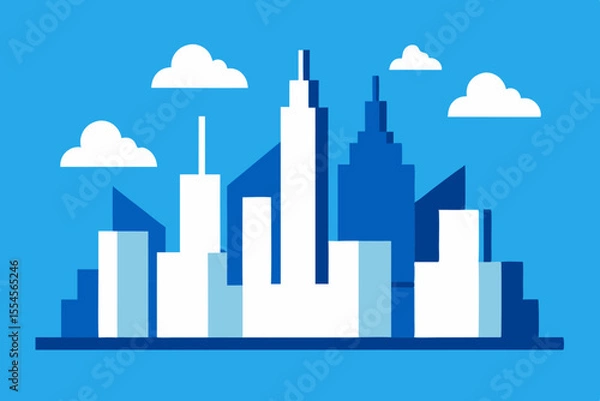 Fototapeta Modern city skyline with white and blue skyscrapers under a clear blue sky with clouds