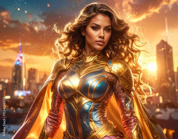 Obraz Epic Fantasy Movie Poster of a female superhero within a futuristic city