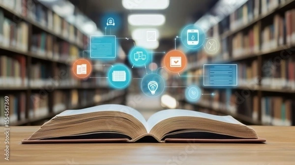 Fototapeta An open book resting on a desk surrounded by digital icons and technology symbols representing the of traditional learning and modern digital resources in a library or educational setting