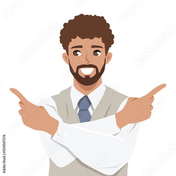 Fototapeta Businessman crosses his arms and points both fingers outward, suggesting multiple choices. Flat Vector character illustration