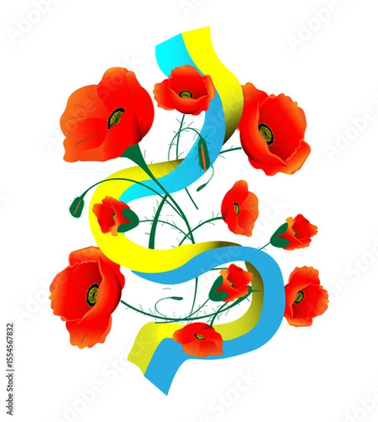 Fototapeta Red flowers - poppies on a background of a yellow-blue ribbon. Vector illustration