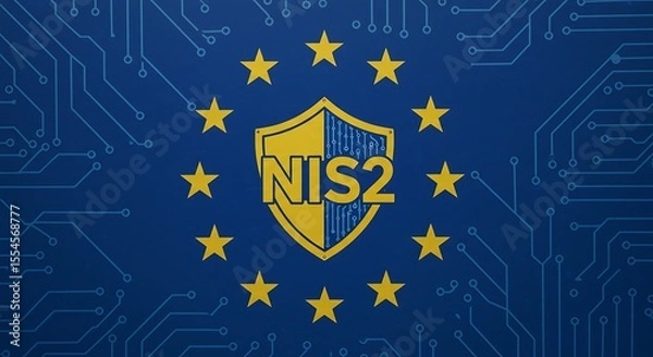 Obraz NIS2 Cybersecurity Emblem with EU Stars and Circuit Shield Design