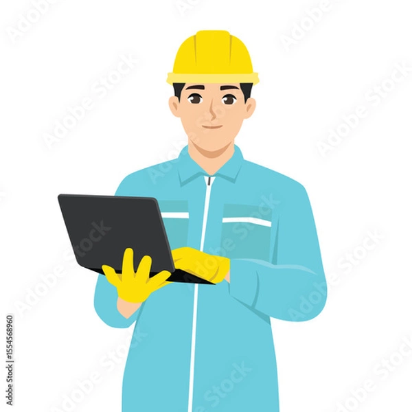 Fototapeta Engineer in Safety Gear Working on Laptop. Flat Vector character illustration