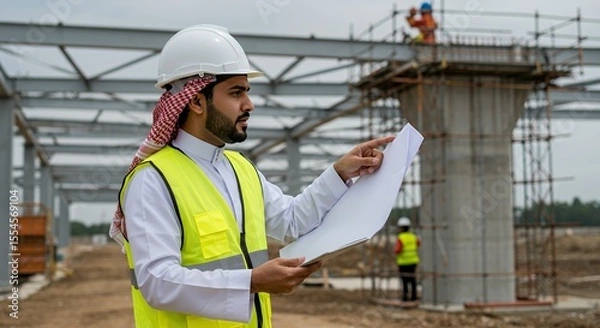 Obraz Arab Engineer Reviews Plans at Modern Construction Site