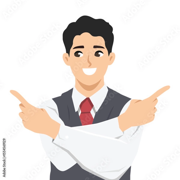 Fototapeta Businessman crosses his arms and points both fingers outward, suggesting multiple choices. Flat Vector character illustration