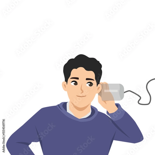 Fototapeta Man in a hoodie is using a tin can phone, symbolizing playful or old fashioned communication. Flat Vector character illustration