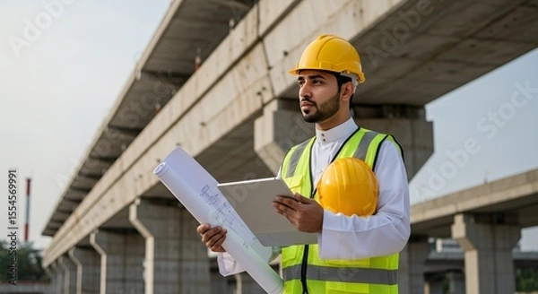 Obraz Confident Arab Engineer Oversees Modern Bridge Construction
