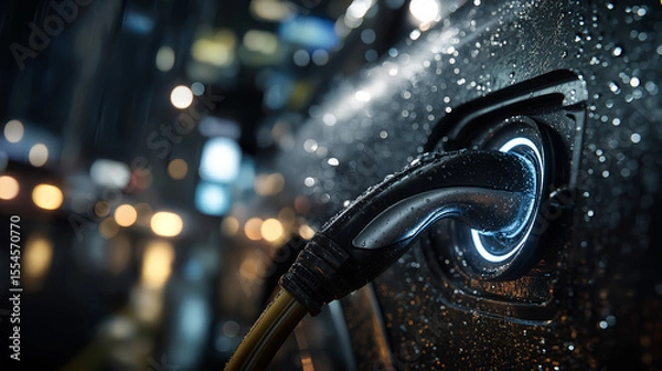 Fototapeta Close-up of an electric vehicle charging port at night, with water droplets, city lights bokeh in background, showcasing EV charging, modern tech, and urban night ambiance.
