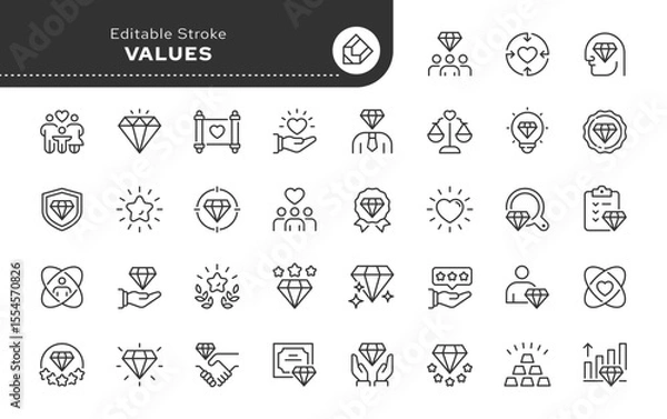 Obraz Values line icon set. Diamond, quality, success, achievement, gem, ideal, and more. Outline icon in linear style. Vector collection.	
