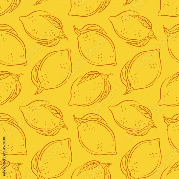 Fototapeta Seamless lemon pattern in line art style on yellow background. Hand drawn design for food packaging, kitchen wallpaper, wrapping paper and organic package.
