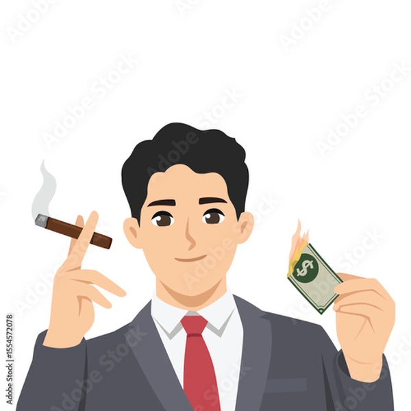 Fototapeta Man in a suit confidently holding a cigar and burning a dollar bill, carefree lifestyle. Flat Vector character illustration