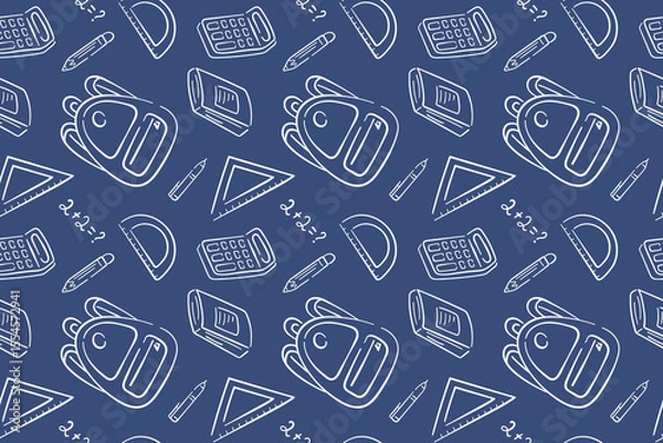 Fototapeta Back to school seamless pattern with stationery supplies, exercise book, calculator, backpack, ruler on a blue background in line art style.