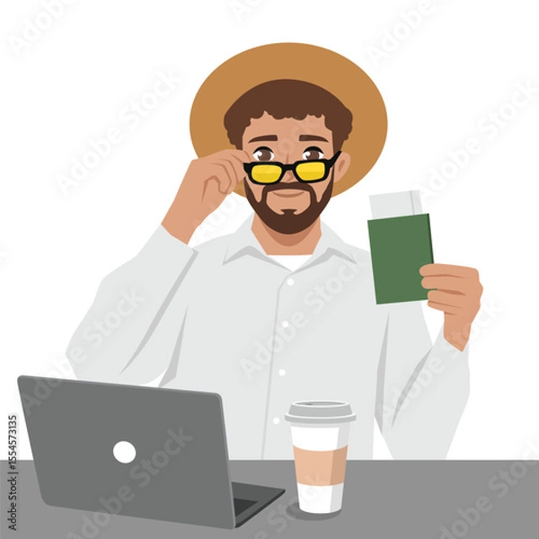 Fototapeta Young Male Traveler Preparing for a Trip. Flat Vector character illustration