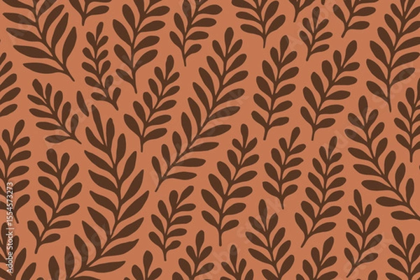 Fototapeta Seamless organic botanical pattern with stylized brown leaves on warm terracotta background repeat tile for fabric textile wallpaper packaging design graphic resource vector art