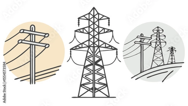 Fototapeta Vector art of electrical power transmission towers in circles isolated on white background