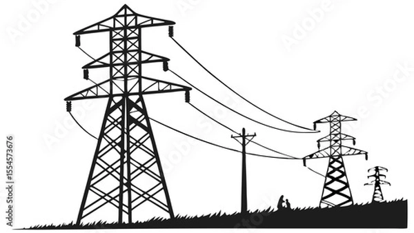 Fototapeta Vector art of power lines and towers stretching across a grassy field isolated on white background