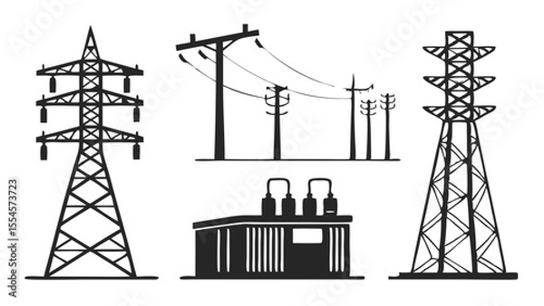 Fototapeta Vector art of collection of power transmission towers and electrical station isolated on white background