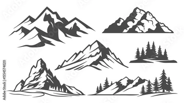 Fototapeta Vector art of mountain peaks and pine trees isolated on white background create a scenic outdoor landscape