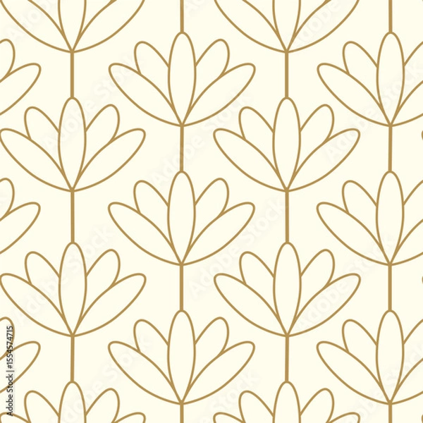 Fototapeta Art deco golden outline flowers seamless pattern on white background. For wallpaper, home décor and textile