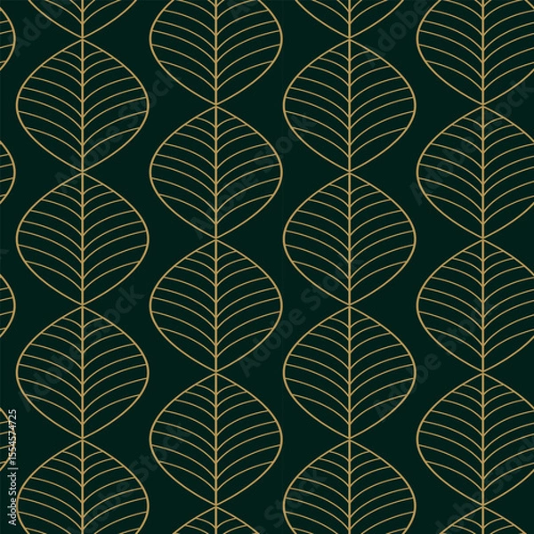 Fototapeta Geometric Art Deco Golden Leaves seamless pattern on emerald green dark background.