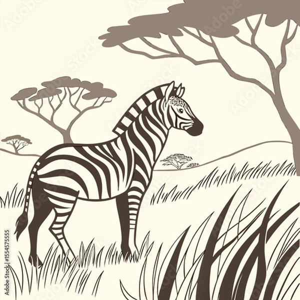 Fototapeta A zebra family grazes in the savanna in close proximity to other animals vector design