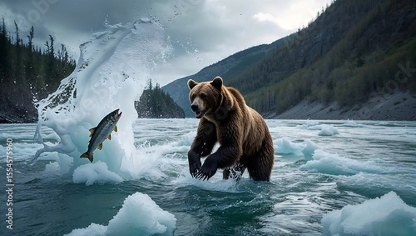 Fototapeta Dutch angle shot of a grizzly bear standing aggressively on its hind legs in a rushing, icy Alaskan river, salmon leaping, spray frozen in motion, overcast sky, raw power conveyed.