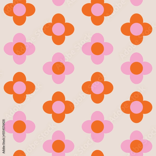 Fototapeta Mid century Mod retro flowers in pink and orange seamless pattern. For fabric, home décor and textile