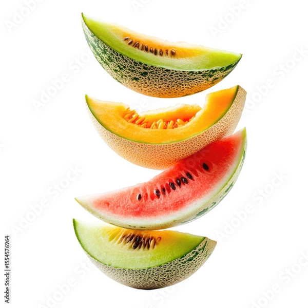 Obraz Stock photo of fresh melon slices cantaloupe watermelon honeydew isolated on black background