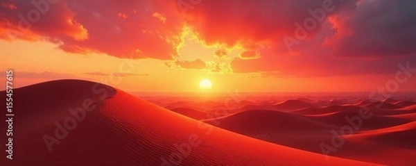 Fototapeta Fiery orange and red hues paint the sky above windswept dunes , spring, summer, beach