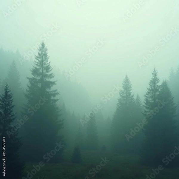 Fototapeta Pine forest in fog. AI generative.