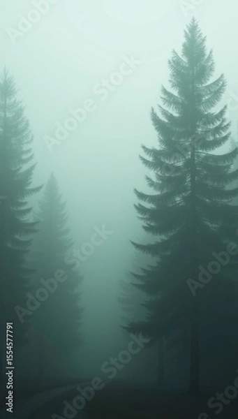 Fototapeta Pine forest in fog. Background. AI generative.