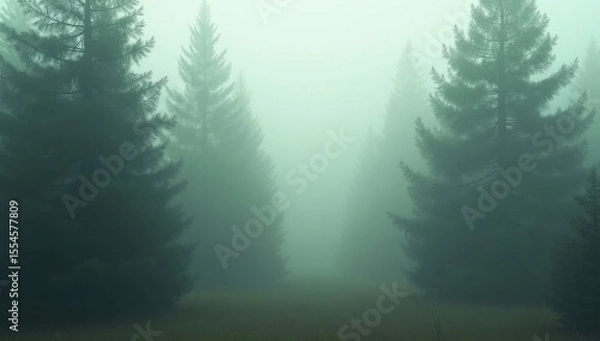 Fototapeta Pine forest in fog. Background. AI generative.