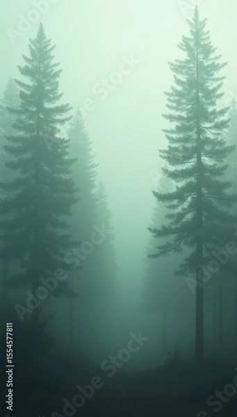Fototapeta Pine forest in fog. Background. AI generative.