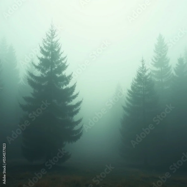 Fototapeta Pine forest in fog. AI generative.
