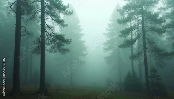 Fototapeta Pine forest in fog. AI generative.