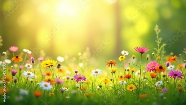 Fototapeta Summer meadow with flowers, background. AI generative.