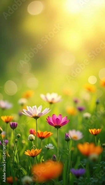 Fototapeta Summer meadow, green grass and flowers, background. AI generative.