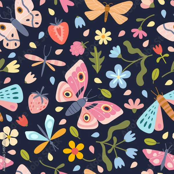 Fototapeta Seamless pastel pattern with butterflies, dragonflies, flowers and leaves. Delicate design for spring and summer products or feminine stationery. Vector illustration on black background, hand drawn