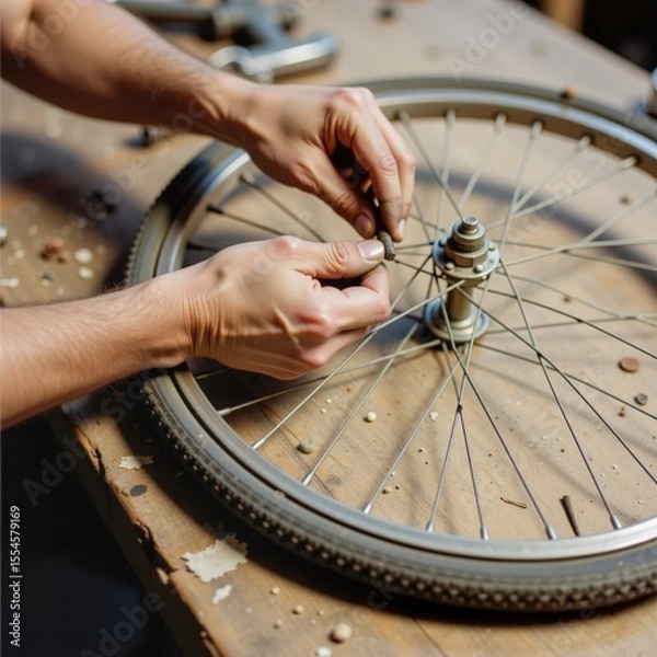 Obraz A Person Repairing a Bicycle Wheel Close up View of Hands Working on Spokes and Tire