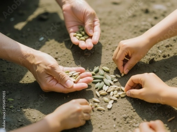 Obraz Family Planting Seeds Together Hands Carefully Sowing Seeds in Soil