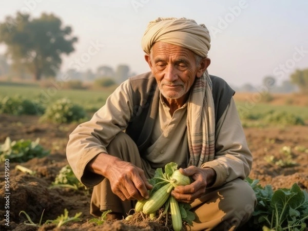 Obraz Elderly Farmer Harvesting Fresh Vegetables in a Sunny Field