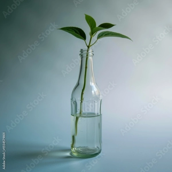 Obraz A single green sprout in a clear glass bottle filled with water against a soft blue background Simple nature minimalism