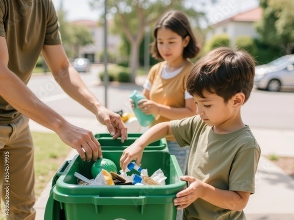 Obraz Young boy and girl help their father recycle plastic bottles and waste in a park