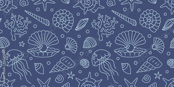 Fototapeta Seamless pattern with linear ocean elements like shells, jellyfish, corals and starfish. Elegant monochrome marine background. Vector illustration on dark blue background, editable stroke, hand drawn