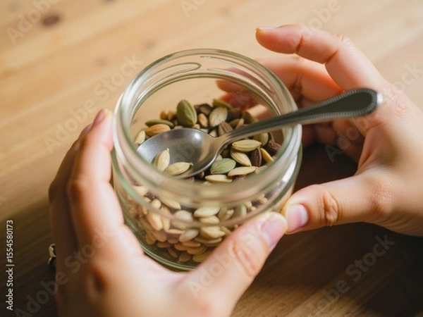 Obraz Woman's Hands Holding a Jar of Cardamom Pods and a Teaspoon