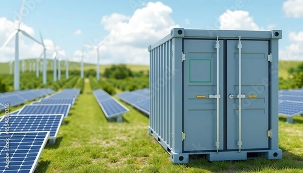Fototapeta Energy storage systems with Solar farm and windmills. Battery container, renewable battery storage concept. 3d render, 8k Detail Resolution
