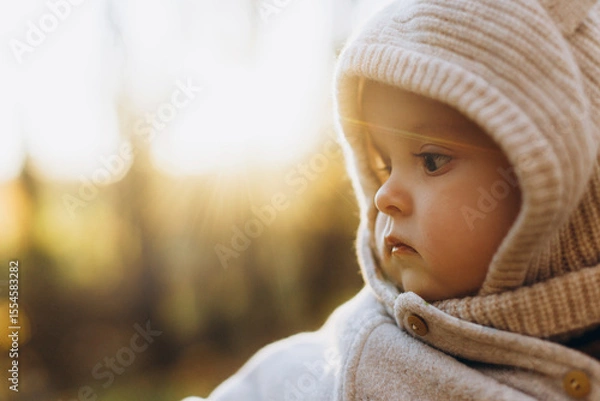 Obraz Portrait of happy cute baby boy in soft evening light in autumn woods. Childhood. Adorable child in cozy warm sweaters in fall park, space for text